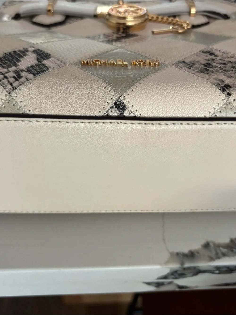 Michael Kors Cream & Black Snake-Print Leather Satchel with Gold Hardware